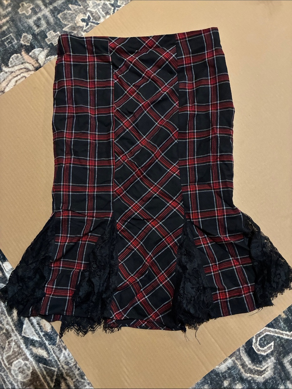 bebe Black and Red Plaid Pencil Skirt with Lace Hem